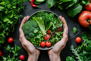 Bowl of fresh green salad with broccoli, tomatoes is held in hands of person. Salad is surrounded by fresh greens and vegetables - red radishes, green peppers, and cucumbers.