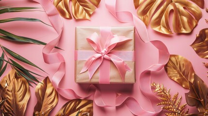 Wall Mural - A gift box with a decorative ribbon bow, set on a flat lay solid color background with dried flowers and tropical leaves, featuring ample area for copy