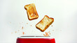 © bit24 - Crispy two toasts jumping out of a toaster  on light background. Breakfast concept. Banner