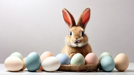 Wall Mural - closeup rabbit and easter eggs on white background