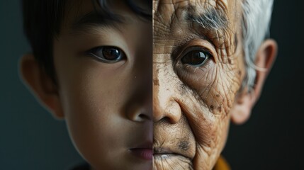 Wall Mural - The face is divided into two halves - half of an Asian boy and half of an old Asian man. Distinguishing childhood and old age, aging, maturation, longevity, lifespan, aging, gerontology.