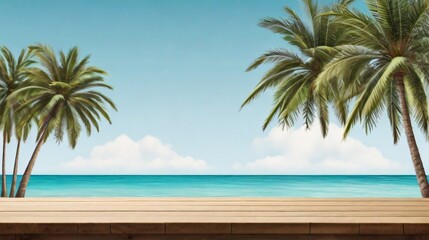 Wall Mural - wood table for presentation product on minimalistic beach background