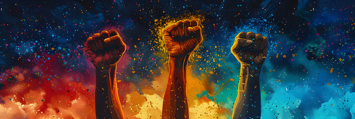 Raised fists in Juneteenth and African Liberation Day celebration, symbolizing unity, empowerment, and social justice. The image captures the energy and pride of the historical event.