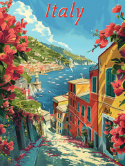 Wall Mural - Italy cityscape, town and beach, in the style of graphic design-inspired illustrations, travel poster
