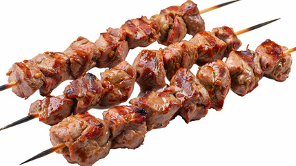 three delicious grilled meat skewers with juicy, tender pieces of seasoned meat on wooden sticks, pe