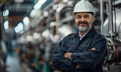 Wall Mural - Factory Supervisor in White Hard Hat and Safety Gear. Generative AI.