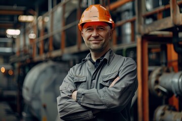 Wall Mural - Smiling Factory Worker in Orange Hard Hat. Generative AI.