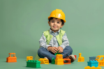 Cute boy dressed as a builder playing with colorful toy blocks on a green background