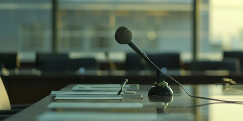 Detail of microphone on conference room table, sharp focus, soft afternoon glow, no humans 