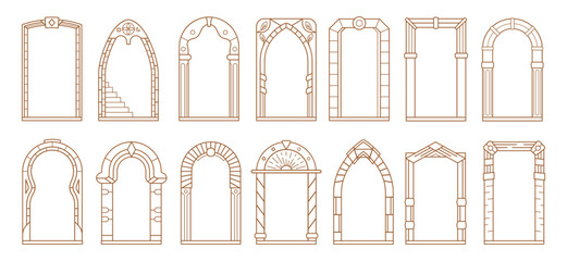 Art deco arch frames, arcs, doors or borders vector set. Ornate archways and doorways in Boho style. Architectural, arched entrances with decorative columns and patterns in a clean line art style