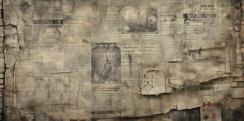 old newspaper textured wall with a door in the foreground