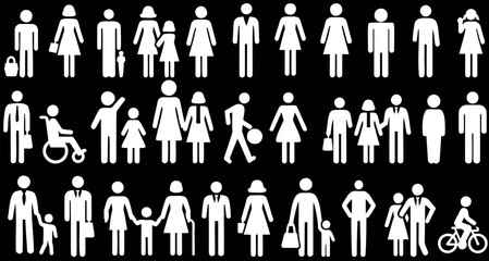 Pictogram people silhouette vector icons, showing diversity, gender, accessibility, figure, man, woman, child, family, couple, wheelchair on black background