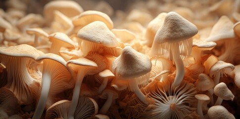 mushroom textured background with a variety of mushrooms, including a white mushroom, a brown mushroom, and a green mushroom, arranged in a row from left to right