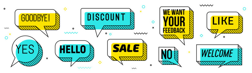 Fototapete - Memphis speech bubbles, funky comic talk cloud. Chat message graphic symbol, talk dialog comic Memphis bubbles or text vector banners. Speak cloud with goodbye, hello, sale and discount, no words