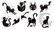 © Vector Tradition - Magical mystic black cats. Vector set of whimsical feline animal silhouettes in playful poses. Kitten jump in hole, surrounded by stars, reading a book, perched on a crescent moon, standing on a skull