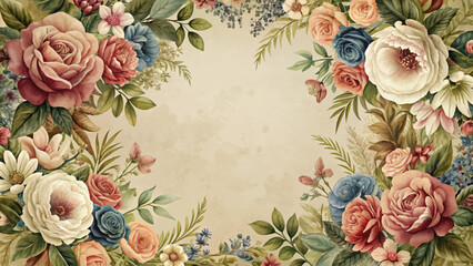 Floral watercolor background with vintage style frame