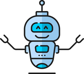 Aufkleber - Alien retro droid, futuristic robot, game humanoid virtual bot thin line color icon. Alien flying cyborg, artificial intelligence android, chatbot vintage funny robot with clenches linear vector sign