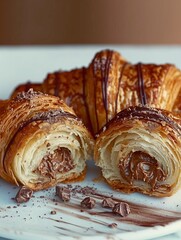 Poster - AI generated illustration of Chocolate-covered croissants on a plate