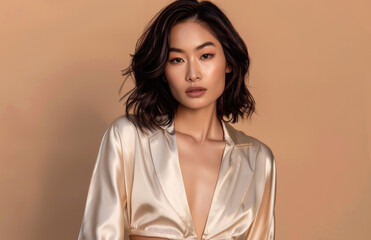 Sticker - Beautiful young Asian woman wearing satin blouse with low neck and long sleeves, posing in front of beige background.