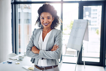 Canvas Print - Business woman, portrait and arms crossed with meeting in office with lawyer confidence and legal work. Happy, smile and African labour attorney at company with corporate opportunity in a boardroom