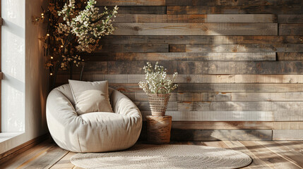 A cozy beige fabric lounge chair set against a rustic wooden wall with warm lighting.