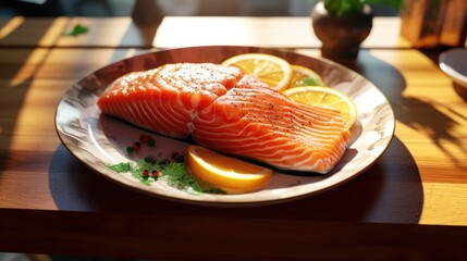 Wall Mural - Beautiful salmon on a large plate.photograph of telephoto lens realistic daylight --ar 16:9 --stylize 50 --v 5.2 Job ID: 66d23974-69b5-4a8d-843d-c125088aca98