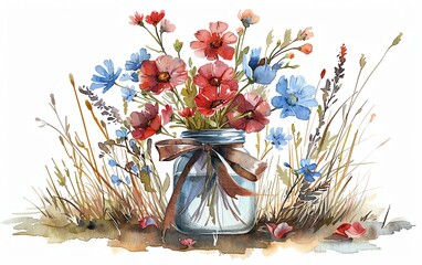 Wall Mural - Watercolor mason jar bouquet with patriotic theme, bow around jar neck, clip art design