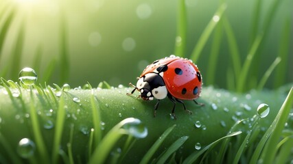 Wall Mural - Morning dew and a ladybug on grass, beautiful wallpaper image