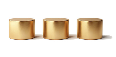 Golden empty product isolated podium. Three geometric metallic round shapes for product branding. Gold cylinder