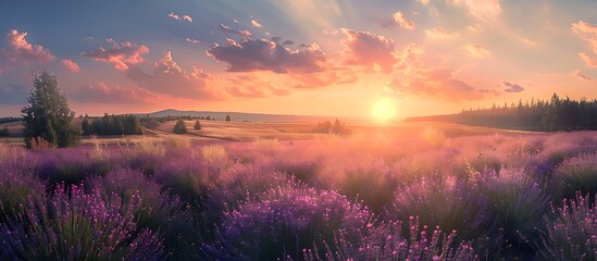 panoramic view of beautiful lavender field in summer on sunset, purple flowers, trees 
