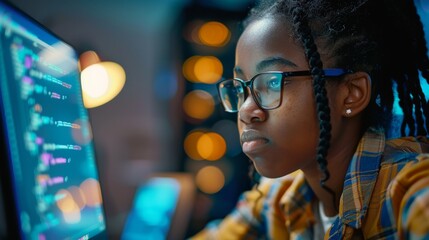 Close-up of an individual deeply focused on coding, with a blurred background emphasizing concentration and technology