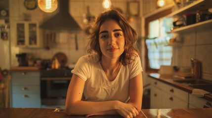 Relaxed young woman with light hair wearing a white shirt leans on a table in a homely kitchen setting