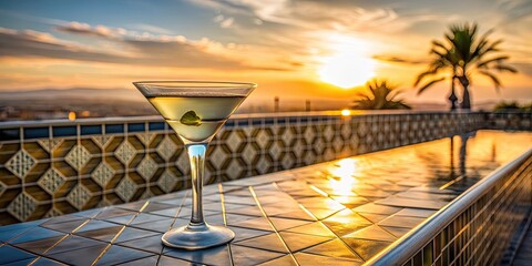 Canvas Print - Martini glass on a tiled outdoor bar at sunset.