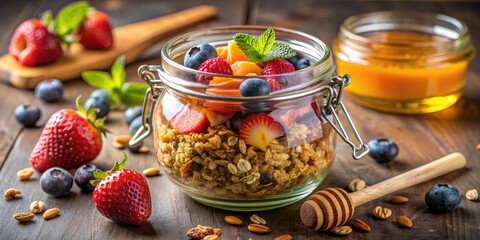 Wall Mural - Jar of granola with fresh berries and mint.