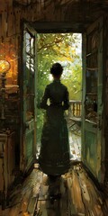 Wall Mural - A woman standing in a doorway looking out at a garden