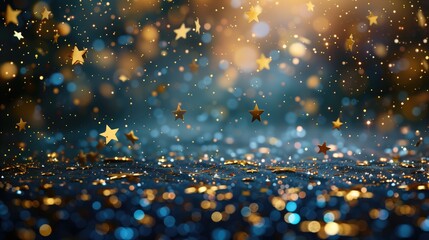 Shimmering golden stars fall against festive blue backdrop mesmerizing abstract background sparkle