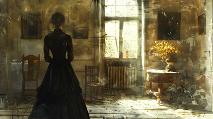 Wall Mural - woman in black dress standing in front of window