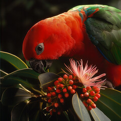 Canvas Print - AI generated illustration of a colorful parrot perched on a blossoming plant