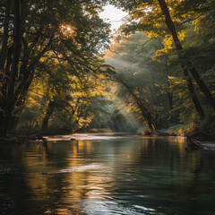 Wall Mural - AI generated illustration of sun shining through forest with river flowing