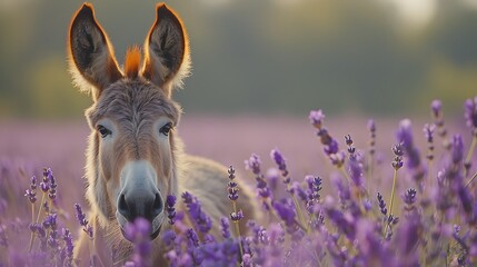 Wall Mural -  A donkey standing in a field of purple lavender.