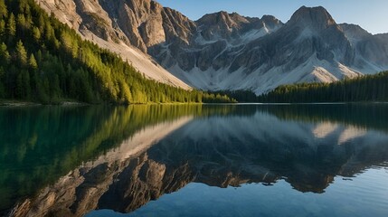 Wall Mural - mountain lake, in the foreground, with evergreen trees surrounding it