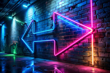 Vibrant neon arrow glowing in a cyberpunk urban setting signs graffiti illuminated