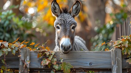  A donkey standing near a rustic wooden gate with ivy growing around