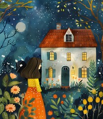 Wall Mural - girl looking at house in the woods