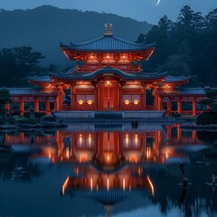 Sticker - a chinese shrine lit up at night in the moonlight with the moon setting