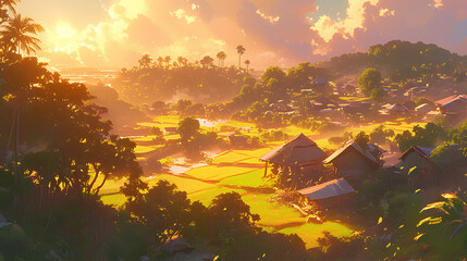 Wall Mural - The village from the top of the hils. coconut trees meet a bright sunset.