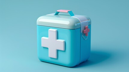 3D first aid kit with addition symbol. Inoculation healthcare gear urgent case clinic or EMS secure bag. medicinal drug drug. 3D drug remedy symbol depiction.