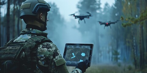 Advanced military technology being used to analyze and coordinate drone usage with soldiers on the field, utilizing a digital tablet with augmented reality.