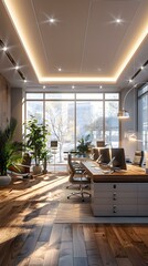 Wall Mural - Office interior with large windows and wooden floor