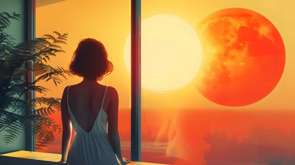 Wall Mural - girl looking at a beautiful sunset